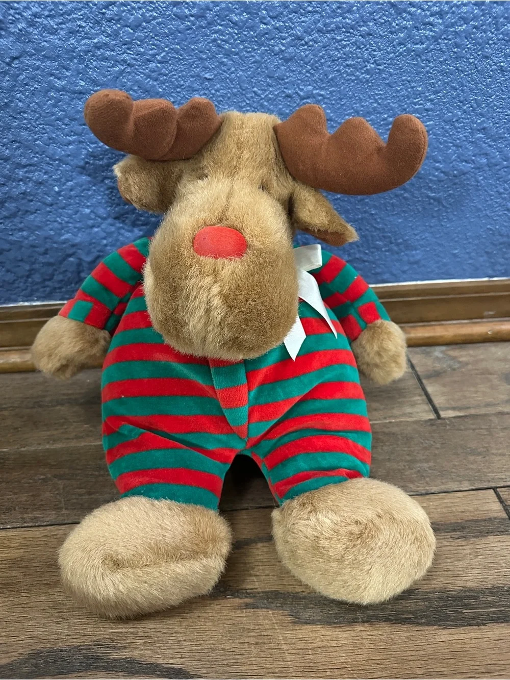 Vintage Soft Dreams Rare Christmas Reindeer Plush Red Green Stripe Pajamas